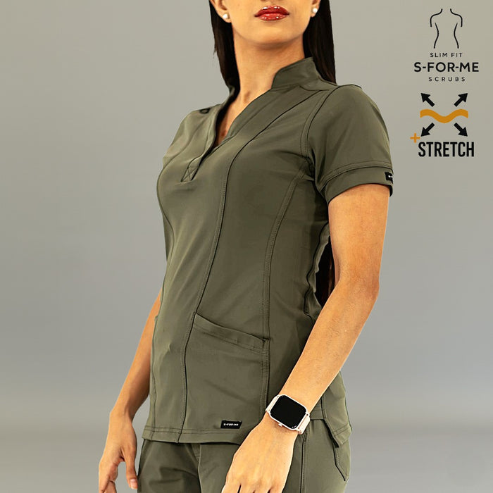 Women's Olive Green Super Stretch scrub top for medical uniforms by S-FORME