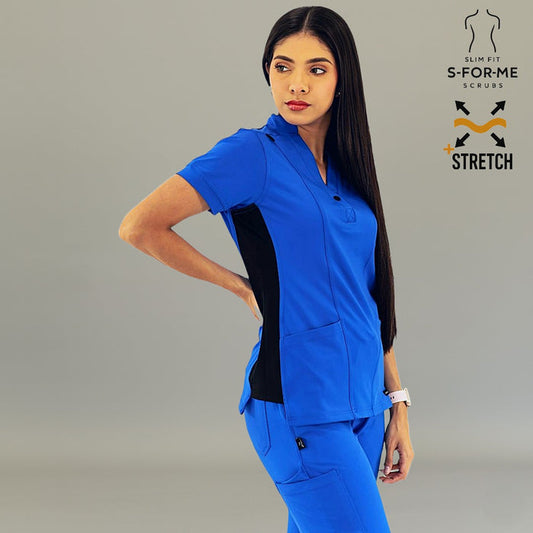 Royal blue women's scrub top with black contrast detail by S-FORME