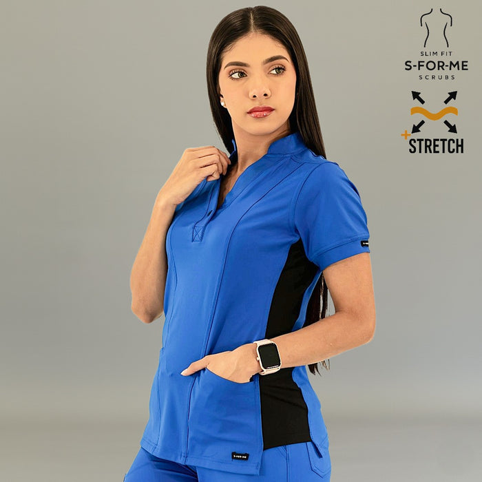 S-FORME 930 women's scrub top in royal blue and black side view