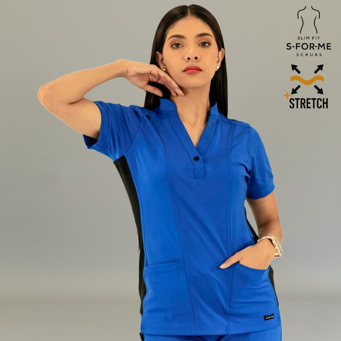 Women's Super Stretch scrub top showing front patch pockets