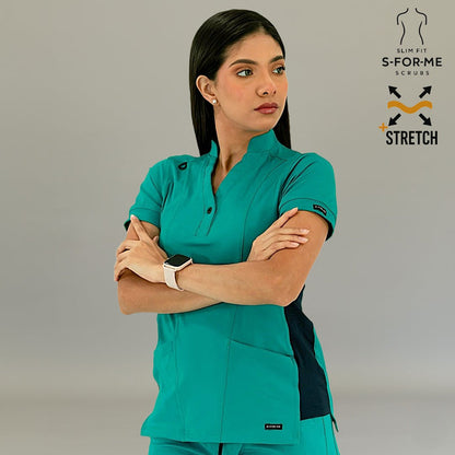 Women's Top 930 Teal Green/Navy Super Stretch scrub top front view by S-FORME