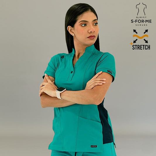 Women's Top 930 Teal Green/Navy Super Stretch scrub top front view by S-FORME