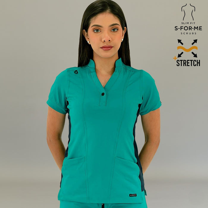S-FORME Women's 930 Teal Green and Navy scrub top with mandarin collar