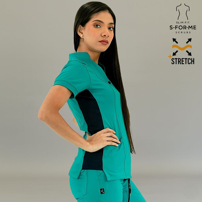 Women's two-tone medical scrub top in Teal Green/Navy Super Stretch fabric