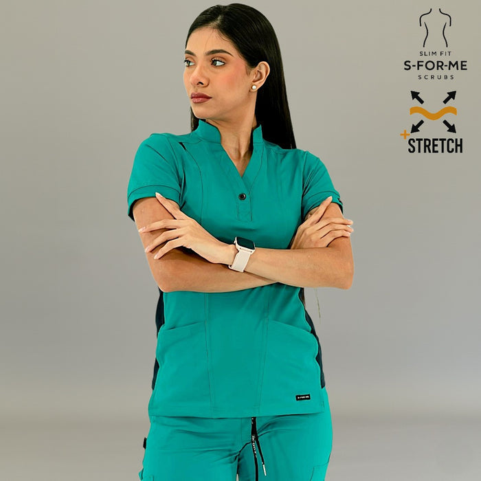 Side view of Women's 930 Teal Green/Navy slim fit healthcare scrub top