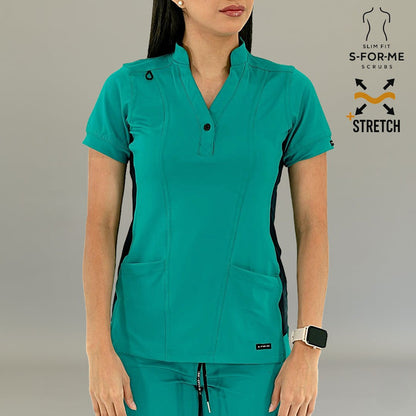 Back view of Women's 930 Super Stretch scrub top in Teal Green and Navy