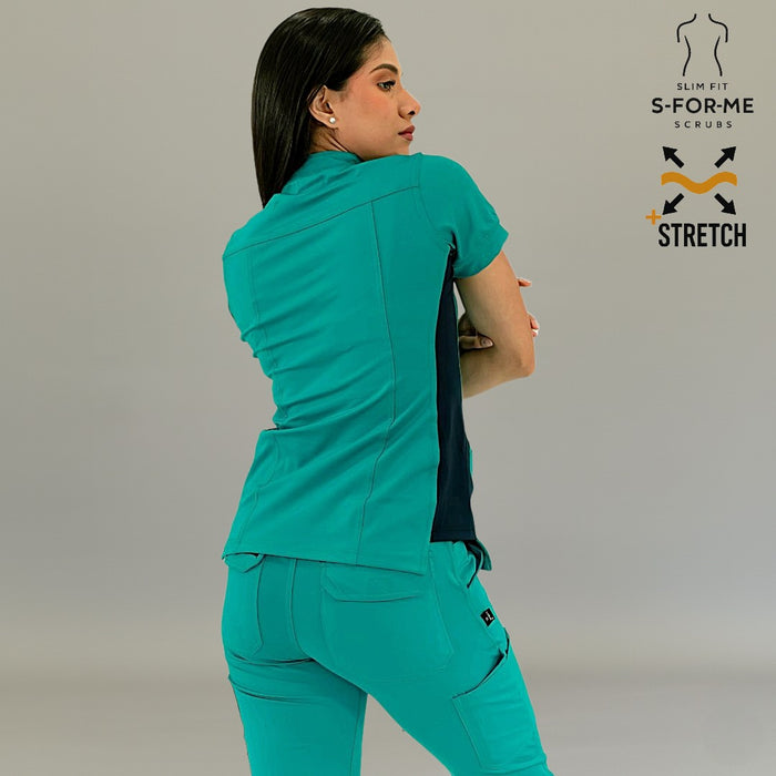 Women's Teal Green/Navy scrub top styled for nurses and healthcare professionals