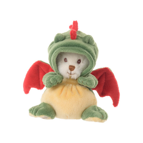 Plush dragon stuffed toy with green hooded cape and red wings, sitting pose