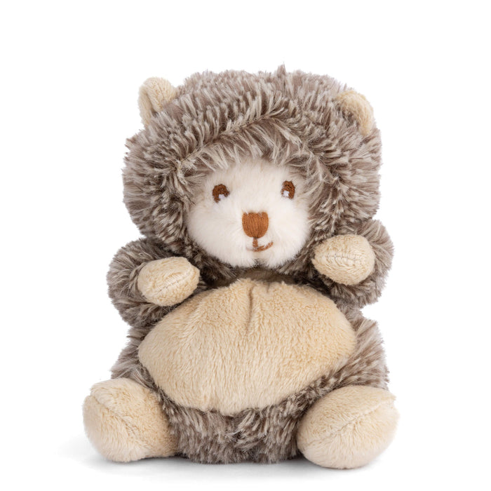 Hedgehog plush toy, front seated pose, gray-brown shag fur with cream face