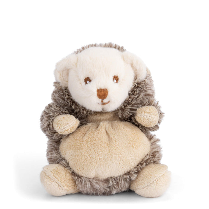 Hedgehog plush toy, gray-brown body with cream face and tan belly, seated pose