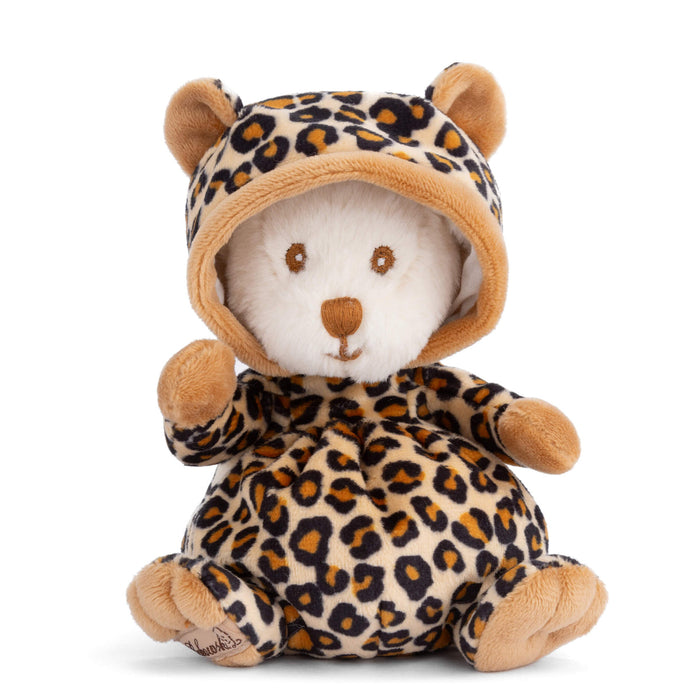 Leopard-print hooded plush bear with rounded ears and stitched teddy face, sitting