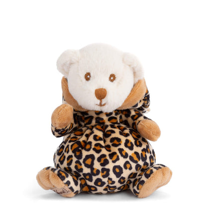 Leopard-print plush toy with white teddy face and hooded bear ears, seated
