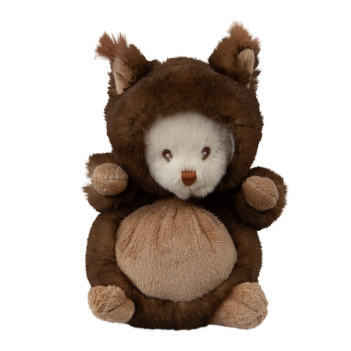 Brown plush squirrel toy with white face, fuzzy ears, and round belly