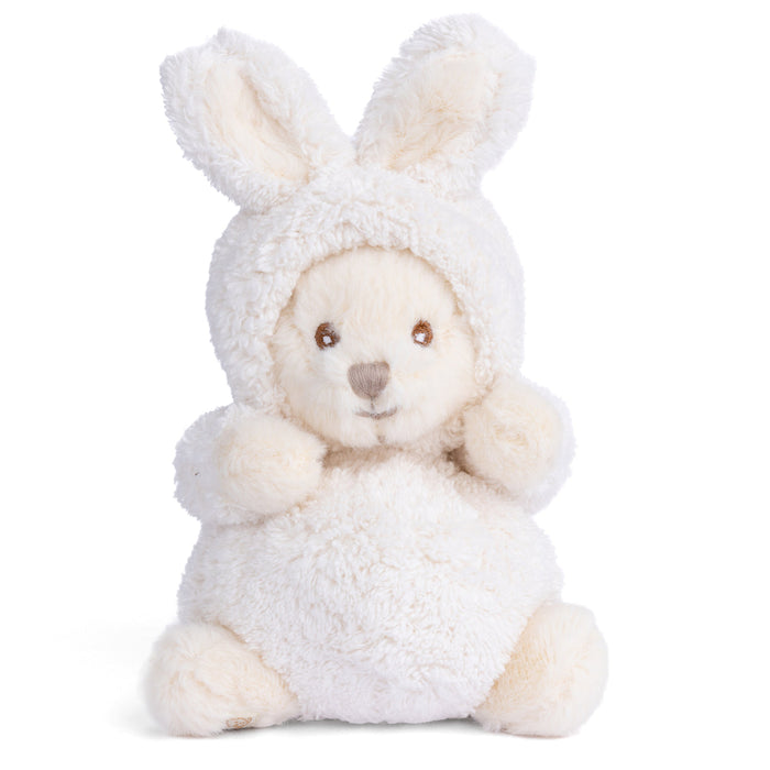Cream plush bunny with floppy ears, stitched face, and fuzzy sitting body