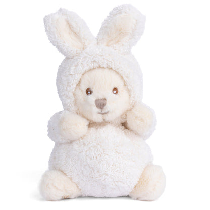 Cream plush bunny with floppy ears, stitched face, and fuzzy sitting body
