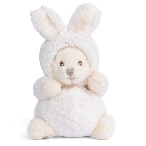 Cream plush bunny with floppy ears, stitched face, and fuzzy sitting body