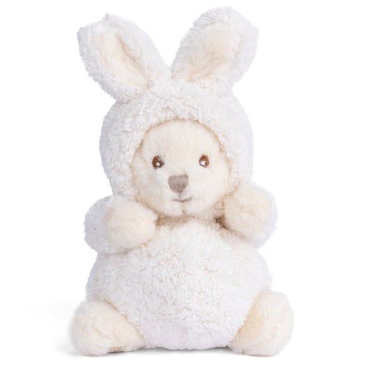 Cream plush bunny with floppy ears, stitched face, and fuzzy sitting body