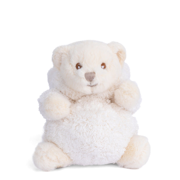 Cream plush bunny sitting with stitched nose and eyes, soft fuzzy arms