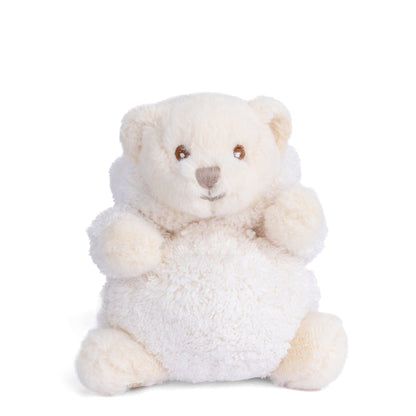 Cream plush bunny sitting with stitched nose and eyes, soft fuzzy arms